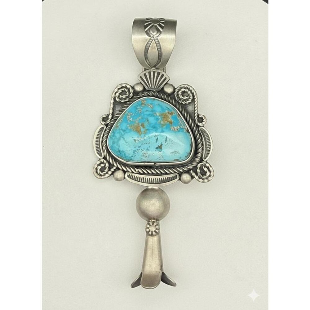 Navajo Ronald Tom Kingman Turquoise Blossom Sterling Silver Pendant